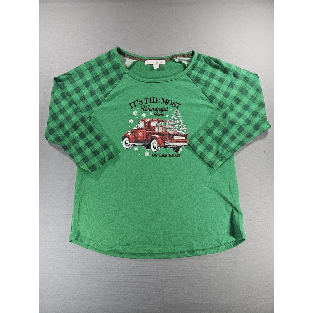 Christmas Truck Graphic Shirt Womens L Green Buffalo Plaid Celebrate Together